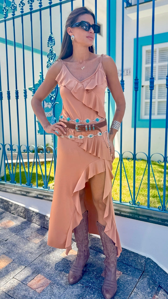 Vestido Boho Chic Babado Marsala