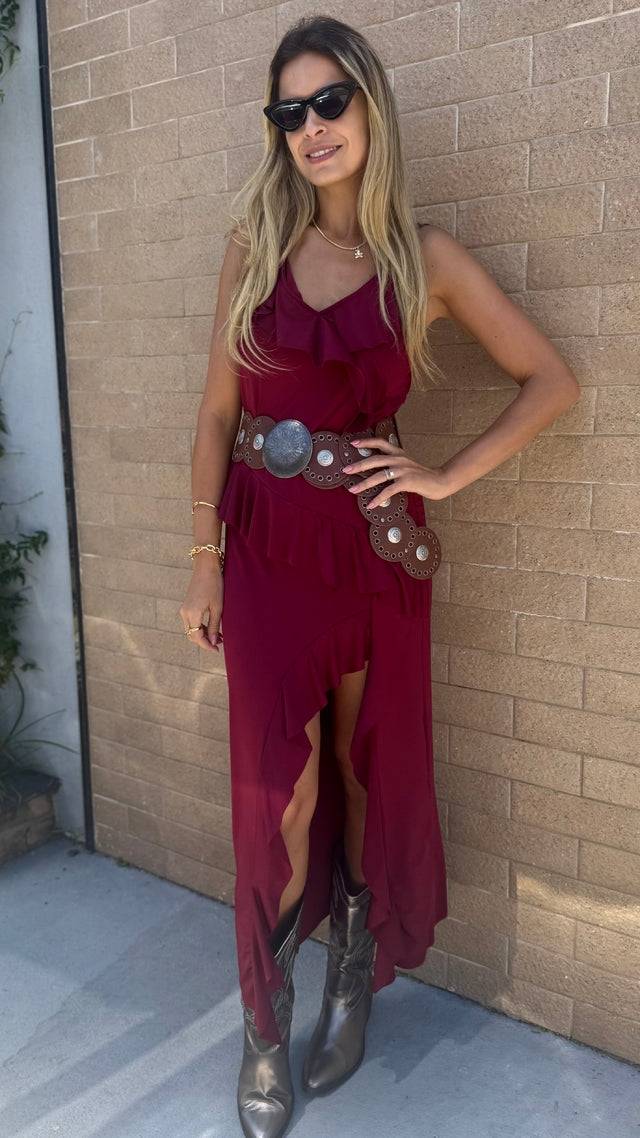 Vestido Boho Chic Babado Marsala