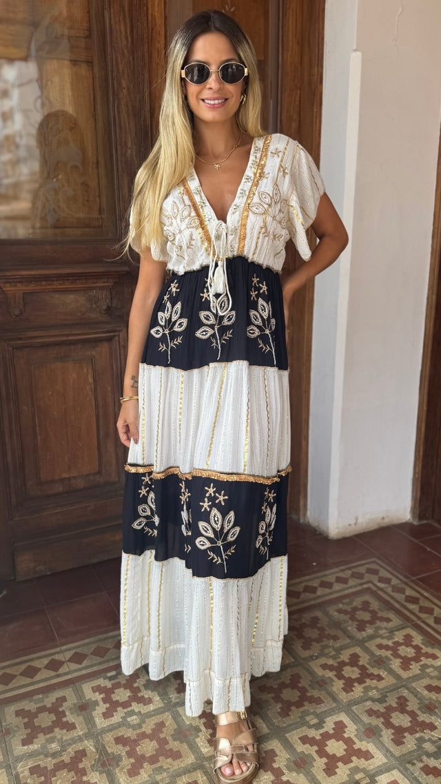 Vestido Boho Chic Enora Dourado e Preto