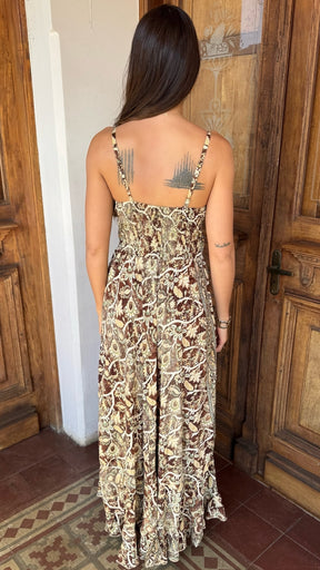 Vestido Boho Chic Seda Analiz marrom e verde