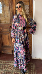 Vestido Boho Chic Seda Bohemian Rosa e Azul