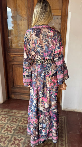 Vestido Boho Chic Seda Bohemian Rosa e Azul
