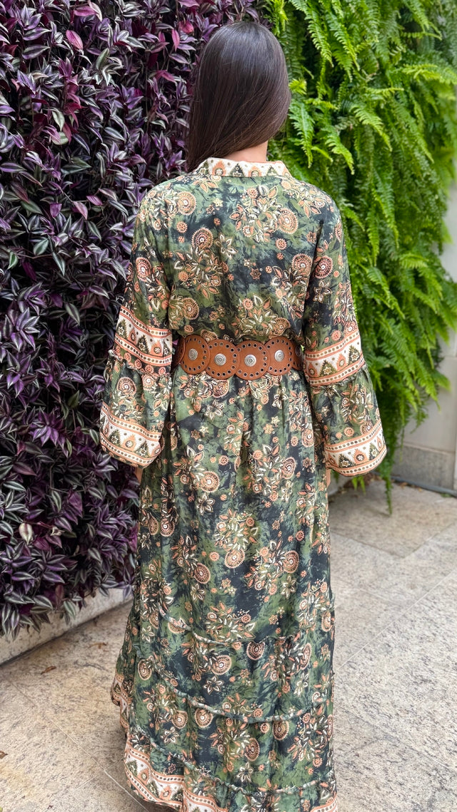 Vestido Boho Chic Seda Bohemian Verde e Laranja F