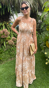 Vestido Mila Folhagem Bege