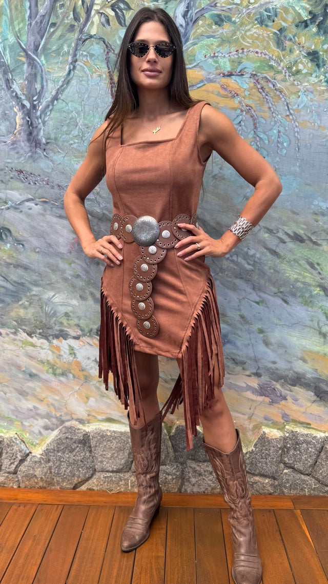Vestido Western Franjas Caramelo